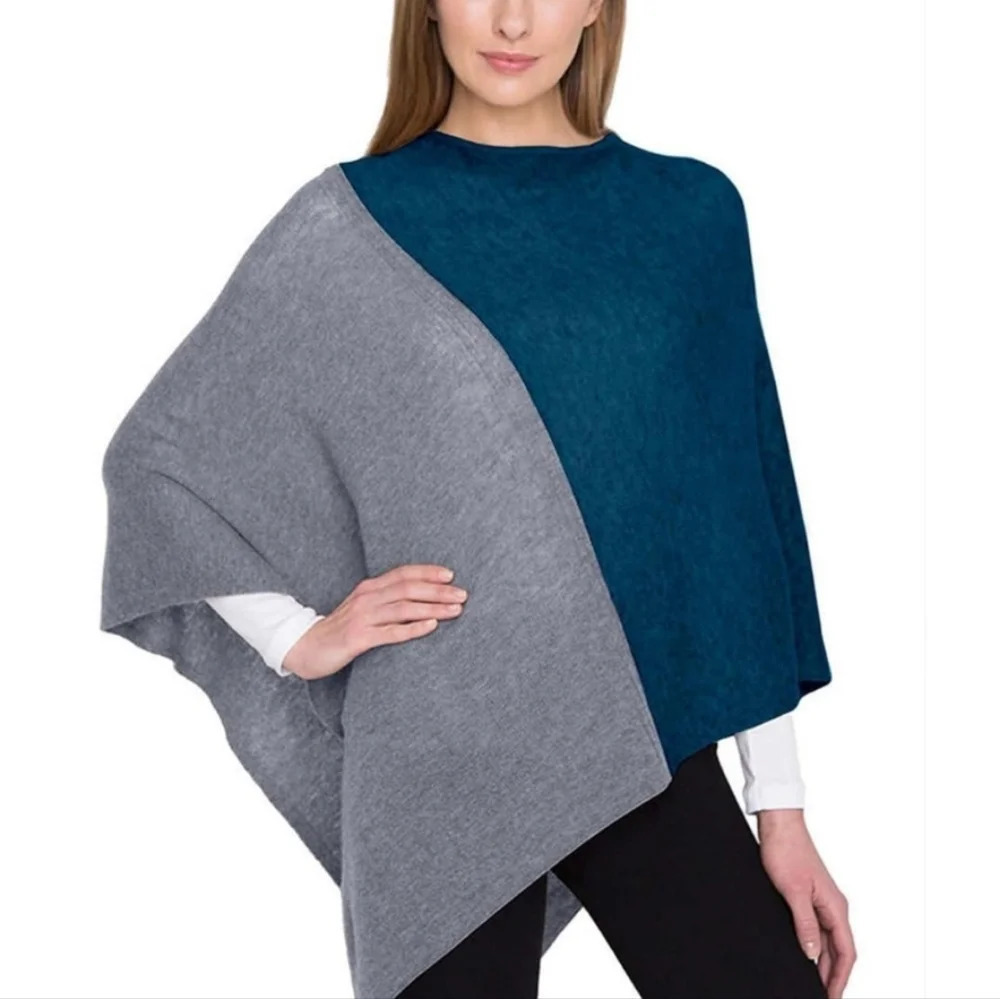 CELESTE  Ladies' Colorblock Cashmere Blend Travel Wrap Poncho(Grey/tealOne Size)